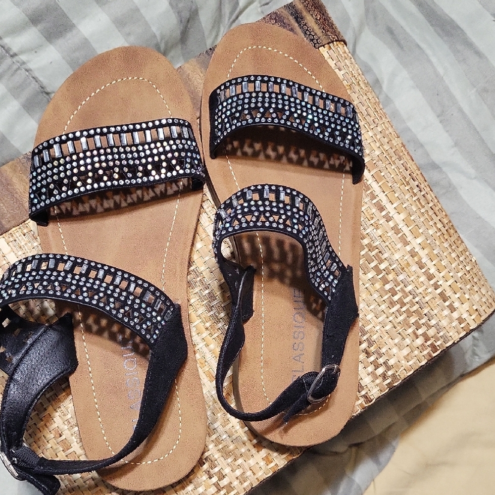 Women's Black Sandals with Rhinestone Detailing